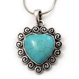 Turquoise Style Heart Pendant Necklace In Silver Tone Metal   40cm 