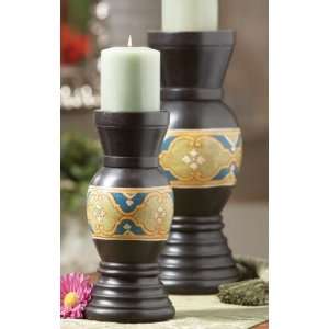    Pack of 6 Blue & Gold Scroll Pillar Candle Holders