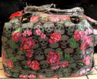RARE NWT Betsey Johnson FLORAL SKULL ROSES SEQUIN Carry On WEEKENDER 