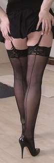 VINTAGE INSPIRED BLACK LACE TOP SHEER NYLON SEAMED STOCKINGS Q+  