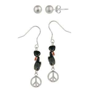 Peace Sign and Black Hand Blown Glass Chip Linear French Wire Earrings 