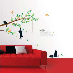 Tree with Cat Adhesive Art Wall STICKER Removable Decal  