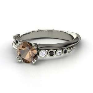   Smoky Quartz 14K White Gold Ring with White Sapphire & Black Diamond