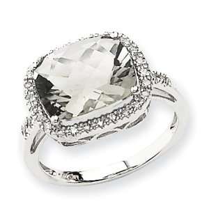 14K White Gold Green Quartz & Diamond Cushion Cut Ring Diamond quality 