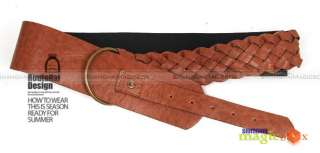 Women PU Trendy Knit Wide Waist Leather Belt Brown #020  