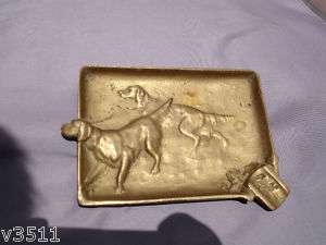 VINTAGE ASHTRAY PLATE HUNTING DOGS ITALY BRASS 3X4.5  