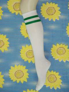 New Women Stripe White Green Knee High Socks b075  