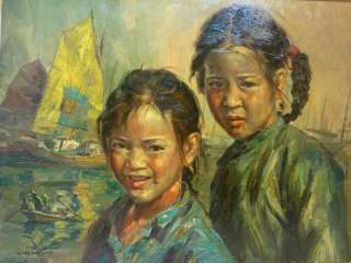 Wai Ming original oil painting Chinese Girls and Sea  