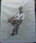 Ink, Pencil Drawing with Watercolor of a Sailor, Signed  