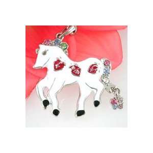 White Horse Strawberry Crystals Cell Phone Charm Strap