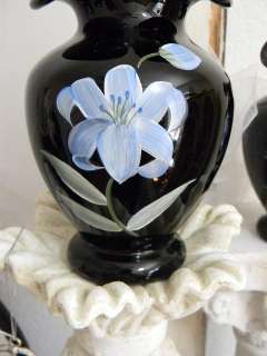 Lovely Pair~Handpainted 1990s Tiara Glass Black Vases  