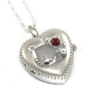 Cute Kitty Heart Locket Necklace Watch w/ red crystal accent on 23 