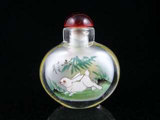 Peking Glass Inside Flower Rabbit Painted Snuff Bottle  