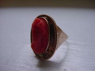 Antique Victorian Solid 14k Y. Gold Coral Cameo Ring  
