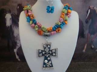 Western Rodeo Turquoise Necklace & Cross Pendant Set  