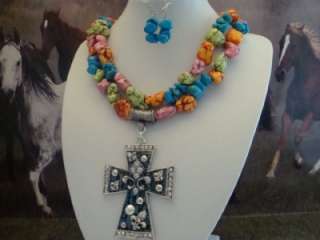 Western Rodeo Turquoise Necklace & Cross Pendant Set  