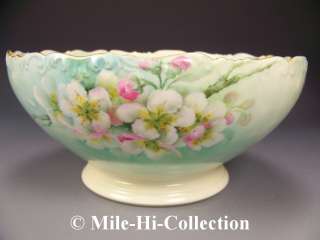 LIMOGES FRANCE HAND PAINTED APPLE BLOSSOMS PUNCH BOWL  