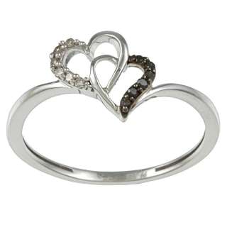   Silver Black and White Diamond Accent Twin Heart Ring  