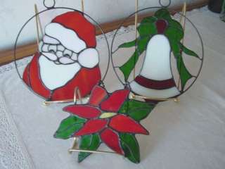 STAINED GLASS Santa~Bell~Poinsettia Suncatchers NIB  