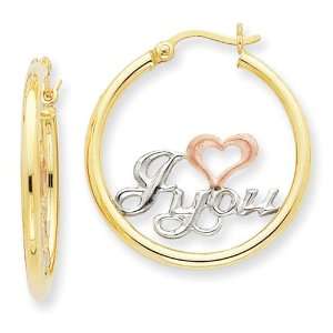  14k Yellow Gold & Rhodium I love you Heart Hoop Earrings Jewelry