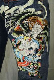 Ed Hardy Mens Jeans Embroidered Eagle Strikes BATTLE  
