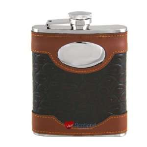  Hip Flask 6oz Stainless Steel Brown Tan Leather Engraving 