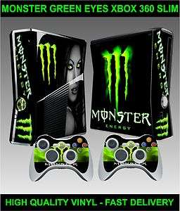 Xbox 360 SLIM Console Sticker Skin Green Eyes Monster skin & 2 X Pad 