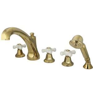   and Porcelain Cross Handle, Polished Brass, 5 Piece