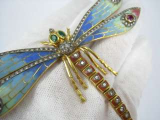   Multi Color Enamel Diamond Emerald Ruby Dragonfly 18K Brooch  