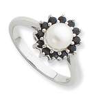   Silver Rhodium 6mm FW Cult Button Pearl & Sapphire Ring Size 7