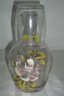 ANTIQUE HAND PAINTED FLOWERS BEDSIDE WATER DECANTER & GLASS  