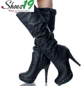  Platform Studs Knee High Heel Pu Leather Women Dress Boots Shoes