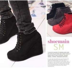 Japan style black fashion shoelace wedge boots sz35 39  