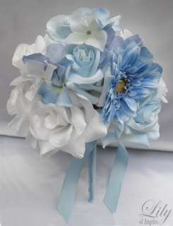   Bridal Bouquet Flowers BLUE WHITE Bride Daisy Boutonniere Groom  