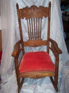   carved oak upholstered Windsor rocking Chair spindle turned arm  