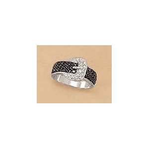 Silver/Black Rhodium Plated Sterling Buckle Ring, 1mm Black/Clear CZ 