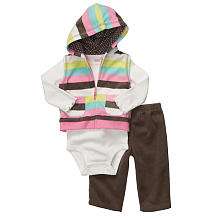 Carters Girls 3 Piece Stripe Fleece Vest Set   Brown (9 months 