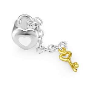   Enamel Heart Lock and Gold Plated Key Bead Charm Fits Pandora Bracelet