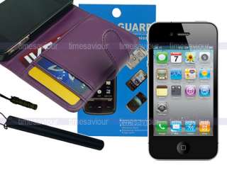 Purple Leather Case Wallet+Screen Protector+Stylus for iPhone 4S 4 