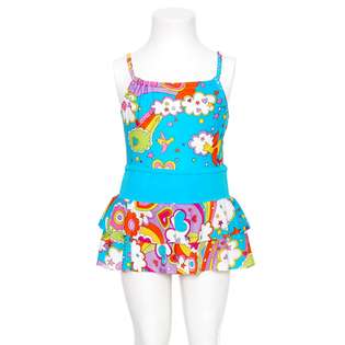 Swimsuit Station Baby Girls Blue Rainbow Birds 2pc Set Ruffle Skirt 