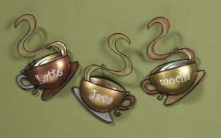 New Set of 3 Metal Coffee Cup Mug Wall Art Latte Mocha Java Kitchen 