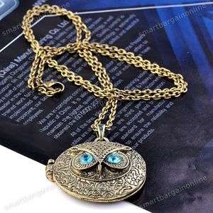   Ancient Bronze Round Lockets OWL Pendant Chain Necklace Retro Style
