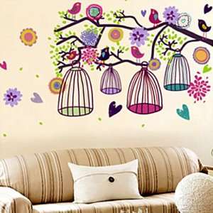   Removable Decal Sticker   Colorful Birds & Birdcages in Tree Branch