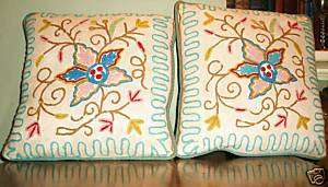 VINTAGE CREWELWORK JACOBEAN STYLE EMBROIDERED PILLOWS  
