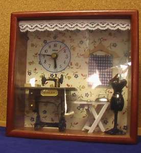 Vintage Singer Sewing Machine Picture box / diorama Hanging Wall Clock 