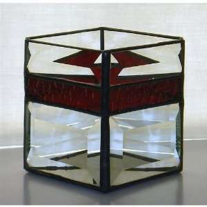   Candle Holder stained glass clear red bevels 4 sided