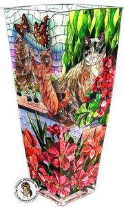 AMIA ART GLASS PAINTED STAINED VASE MOSAIC GARDEN CATS  
