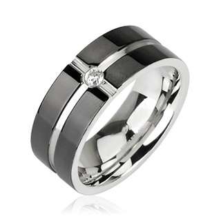 Stainless Steel Black Striped CZ Comfort Fit Band Ring  