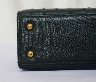 OSTRICH LEATHER Black Top Handle+Strap Flap Bag Handbag Purse Tote 