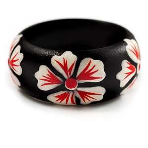  Black Wood White Floral Band Ring   size 7 Jewelry